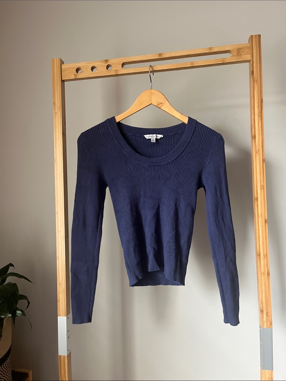 Ribbed Navy Long Sleeve Scoop-Neck Top